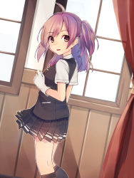 Rule 34 | 10s, 1girl, ahoge, curtains, gloves, hagikaze (kancolle), kantai collection, long hair, looking at viewer, neck ribbon, open mouth, pleated skirt, pocket, purple hair, red ribbon, ribbon, school uniform, shirai tanuki, short sleeves, side ponytail, skirt, smile, solo, vest, white gloves, window