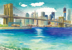 Rule 34 | artworksmil, blue sky, bridge, building, city, cloud, cloudy sky, harbor, new york, original, painting (medium), river, sky, skyscraper, traditional media, water, watercolor (medium)