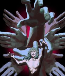 Rule 34 | 1boy, abyssal ship, androgynous, artist name, bare arms, bare shoulders, extra arms, grey hair, highres, jujutsu kaisen, long hair, lunarelles, mahito (jujutsu kaisen), nipples, no pupils, open mouth, pale skin, pectorals, pectorals, stitched face, stitches, topless, twitter username, watermark