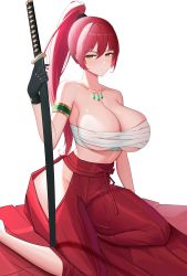 Rule 34 | 1girl, absurdres, bare shoulders, black gloves, breasts, commission, dungeon and fighter, expressionless, gloves, hakama, hakama skirt, highres, holding, holding sword, holding weapon, japanese clothes, jewelry, kneeling, large breasts, long hair, looking at viewer, necklace, no panties, no shirt, pixiv commission, ponytail, red hair, red skirt, sarashi, sheath, sheathed, simple background, skirt, solo, sweat, sword, ultra-13, weapon, white background, yellow eyes