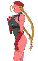 Rule 34 | 1girl, ahoge, antenna hair, bad id, bad twitter id, bare shoulders, blue eyes, braid, buckle, cammy white, clothes pull, fingerless gloves, from side, garrison cap, gauntlets, gloves, green leotard, hat, highres, huge ahoge, leotard, long hair, looking down, pulled by self, ribbed leotard, scar, scar on face, simple background, solo, street fighter, street fighter v, sweat, sweatdrop, sweaty clothes, thighs, thong leotard, tkd22rl44, twin braids, very long hair, white background