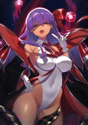 Rule 34 | 1girl, absurdres, bare shoulders, bat wings, bb (fate), bb (fate) (all), bb (swimsuit mooncancer) (fate), bb (swimsuit mooncancer) (third ascension) (fate), black coat, breasts, coat, dark-skinned female, dark skin, fate/grand order, fate (series), gloves, hair ribbon, hand on own hip, highleg, highleg leotard, highres, kan&#039;yu (citron 82), large breasts, leotard, long hair, long sleeves, looking at viewer, neck ribbon, open clothes, open coat, open mouth, popped collar, purple hair, red eyes, red ribbon, ribbon, shaded face, smile, tan, thighs, vampire costume, very long hair, white gloves, white leotard, wings