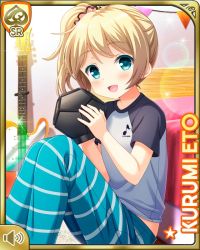 Rule 34 | 1girl, barefoot, bed, bedroom, blonde hair, blue eyes, blue pants, card (medium), character name, eto kurumi, girlfriend (kari), holding, indoors, night, official art, open mouth, pajamas, pants, ponytail, qp:flapper, shirt, smile, solo, striped clothes, striped pants, tagme, white shirt
