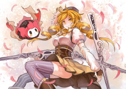 Rule 34 | 10s, 1girl, beret, blonde hair, boots, breasts, brown thighhighs, charlotte (madoka magica), detached sleeves, drill hair, fingerless gloves, gloves, gun, hair ornament, hairpin, hat, large breasts, magical girl, magical musket, mahou shoujo madoka magica, mahou shoujo madoka magica (anime), petals, pleated skirt, puffy sleeves, ribbon, rifle, skirt, smile, striped clothes, striped thighhighs, thighhighs, tomoe mami, tomoe mami (magical girl), tsukii, twin drills, twintails, vertical-striped clothes, vertical-striped thighhighs, weapon, yellow eyes, zettai ryouiki
