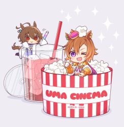 Rule 34 | 2girls, agnes tachyon (umamusume), ahoge, animal ears, bowl, brown hair, closed mouth, crown, cup, disposable cup, ear piercing, english text, fingerless gloves, food, gloves, horse ears, horse girl, horse tail, ice cream, lab coat, looking at viewer, mini crown, mini person, minigirl, mopiwo, motion lines, multiple girls, one eye closed, open mouth, orange hair, piercing, pink background, popcorn, purple shirt, red eyes, school uniform, shirt, short hair, simple background, smile, sparkle, t.m. opera o (umamusume), tail, test tube, tracen school uniform, twitter username, umamusume, waving, white gloves, white shirt