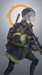 Rule 34 | absurdres, agent vector (girls&#039; frontline), agent vector (searing edge) (girls&#039; frontline), american flag, axe, backpack, bag, beanie, biohazard symbol, dated, fire axe, firefighter, firefighter jacket, girls&#039; frontline, gloves, grey hair, gun, hat, highres, jacket, keffiyeh, knee pads, kriss vector, long sleeves, new york city fire department, official alternate costume, open mouth, pantyhose, pleated skirt, profile, short hair, skirt, submachine gun, tom clancy&#039;s the division, trigger discipline, useless (gss44344), vector (girls&#039; frontline), watch, weapon, wristwatch, yellow eyes