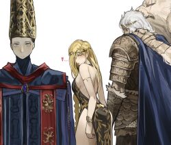 Rule 34 | 1boy, 2girls, absurdres, aqua eyes, armor, backless dress, backless outfit, bisexual female, black dress, blonde hair, blue cape, blue robe, blush, braid, braided ponytail, cape, circlet, commentary request, distracted boyfriend (meme), dress, elden ring, godfrey first elden lord, hat, heart, height difference, highres, jealous, long hair, looking at another, meme, miao jiangyou, multiple girls, queen marika the eternal, rennala queen of the full moon, robe, strapless, strapless dress, very long hair, white hair, wizard hat, yellow eyes