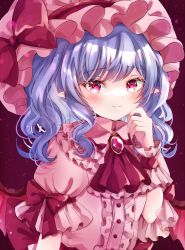 Rule 34 | 1girl, ascot, bat wings, bow, closed mouth, hat, hat bow, jaku sono, looking at viewer, medium hair, mob cap, pink hat, pink shirt, pointy ears, purple hair, red ascot, red bow, red eyes, remilia scarlet, shirt, short sleeves, smile, solo, touhou, upper body, wings