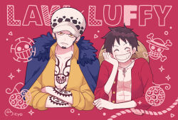 Rule 34 | 2boys, arm tattoo, black hair, blue coat, character name, closed eyes, coat, commentary request, crossed arms, earrings, facial hair, fur collar, goatee, hand on own cheek, hand on own face, hand tattoo, hat, jewelry, looking at viewer, male focus, micyomon, monkey d. luffy, multiple boys, one piece, open clothes, open shirt, red shirt, scar, scar on chest, scar on face, shirt, short hair, sideburns, signature, smile, straw hat, tattoo, trafalgar law, upper body, yellow eyes, yellow shirt