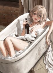 Rule 34 | 1girl, absurdres, bathing, bathroom, bathtub, blonde hair, bottle, brick wall, bullet necklace, curtains, ear piercing, fang, gold can, highres, jewelry, looking to the side, necklace, nude, open mouth, original, piercing, shirt, tile floor, tiles, wine bottle, yellow eyes