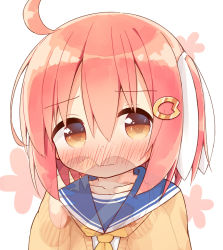 Rule 34 | 1girl, ahoge, ayanepuna, blue sailor collar, blush, box, brown cardigan, brown eyes, cardigan, closed mouth, collarbone, commentary request, floral background, gift, gift box, hair between eyes, hair ornament, hair ribbon, hairclip, hands up, heart-shaped box, highres, holding, holding box, looking at viewer, nose blush, one side up, original, pink hair, ribbon, sailor collar, school uniform, serafuku, shirt, simple background, solo, upper body, wavy mouth, white background, white ribbon, white shirt, x-ray, yune (ayanepuna)
