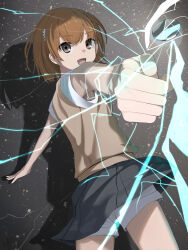 Rule 34 | 1girl, :d, absurdres, aiming, aiming at viewer, armpits, bob cut, brown eyes, brown hair, brown sweater vest, clenched hand, clothes lift, coin, commentary, cowboy shot, dress shirt, electricity, electrokinesis, firing, flower, foreshortening, grey background, grey skirt, hair between eyes, hair flower, hair ornament, hairclip, hidulume, highres, light particles, looking at viewer, misaka mikoto, open mouth, outstretched arms, pleated skirt, school uniform, shirt, short hair, short sleeves, shorts, skirt, skirt lift, smile, solo, sweater vest, toaru kagaku no railgun, toaru majutsu no index, tokiwadai school uniform, white flower, white shirt, white shorts