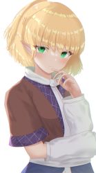 Rule 34 | 1girl, absurdres, anima miko, blonde hair, blue skirt, blush, brown shirt, chireiden, closed mouth, eyes visible through hair, green eyes, hair between eyes, highres, light, looking at viewer, mizuhashi parsee, shadow, shirt, short hair, short sleeves, simple background, skirt, solo, touhou, upper body, white background