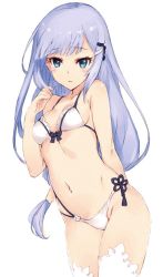 Rule 34 | 1girl, arm behind back, bad id, bad twitter id, bare arms, bare shoulders, bikini, blue eyes, blue hair, blunt bangs, breasts, hair ornament, kawata hisashi, long hair, looking at viewer, low-tied long hair, multi-strapped bikini bottom, multi-strapped bikini top, navel, simple background, small breasts, solo, stomach, swimsuit, thighhighs, white background, white bikini