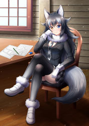 Rule 34 | 10s, 1girl, 7nanappe, animal ears, black hair, blue eyes, blush, breasts, fur collar, gloves, grey wolf (kemono friends), heterochromia, highres, kemono friends, large breasts, crossed legs, long hair, long sleeves, looking at viewer, multicolored hair, necktie, sitting, skirt, solo, tail, two-tone hair, wolf ears, wolf tail, yellow eyes