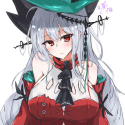 Rule 34 | 1girl, aqua hat, arknights, ascot, black ascot, breasts, detached sleeves, dress, grey hair, hat, headgear, highres, large breasts, long hair, looking at viewer, maiq06, official alternate costume, red dress, red eyes, red sleeves, simple background, skadi (arknights), skadi the corrupting heart (arknights), solo, upper body, very long hair, white background