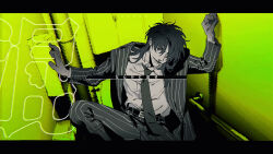 Rule 34 | 1boy, belt, blazer, blood, collared shirt, commentary request, facial scar, feet out of frame, formal, green background, greyscale with colored background, hair between eyes, highres, houlong siche, itou kaiji, jacket, kaiji, letterboxed, long bangs, long hair, looking at viewer, male focus, necktie, nosebleed, open mouth, pants, scar, scar on cheek, scar on face, scar on hand, shirt, smile, solo, striped clothes, striped jacket, striped pants, suit, vertical-striped clothes, vertical-striped jacket, vertical-striped pants