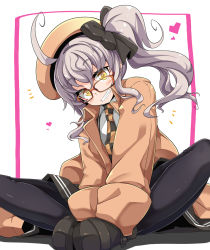 Rule 34 | 1girl, belt boots, bespectacled, blue pantyhose, boots, butterfly sitting, checkered clothes, checkered necktie, checkered neckwear, full body, glasses, grin, hat, highres, jacket, light purple hair, looking at viewer, necktie, ogami kazuki, orange-framed eyewear, pantyhose, rino (sennen sensou aigis), sennen sensou aigis, shoes, side ponytail, sitting, smile, solo, white background, yellow eyes