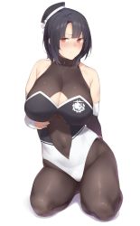 Rule 34 | 1girl, azur lane, bare shoulders, bikini, black bodysuit, black hair, black headwear, black pantyhose, blush, bodysuit, breasts, cleavage, cleavage cutout, clothing cutout, cosplay, elbow gloves, enosan, fingerless gloves, gloves, groin, hat, highres, historical name connection, jacket, kantai collection, large breasts, leotard, logo, looking at viewer, name connection, navel, one eye closed, pantyhose, race queen, red eyes, seiza, short hair, shrug (clothing), sidelocks, simple background, sitting, sleeve cuffs, sleeveless, stomach, sweatdrop, swimsuit, takao (azur lane), takao (azur lane) (cosplay), takao (full throttle charmer) (azur lane), takao (kancolle), thighhighs, white background, white jacket
