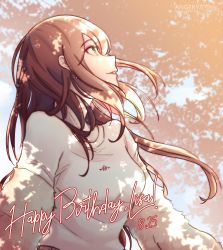 Rule 34 | 1girl, absurdres, angerykacchan, artist name, bang dream!, blouse, brown hair, dappled sunlight, dated, earrings, english text, green eyes, happy birthday, highres, imai lisa, jewelry, long hair, looking up, outdoors, parted lips, shirt, solo, sunlight, twitter username, upper body, white shirt