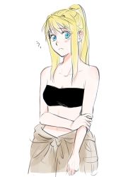 Rule 34 | 1girl, :&lt;, arm at side, bare arms, bare shoulders, blonde hair, blue eyes, blush, blush stickers, breasts, brown pants, closed mouth, clothes around waist, collarbone, cowboy shot, crying, crying with eyes open, ear piercing, earrings, eyelashes, frown, fullmetal alchemist, furrowed brow, hair between eyes, hand on own arm, high ponytail, highres, jewelry, looking to the side, medium breasts, midriff, navel, ozaki (tsukiko3), pants, piercing, pocket, ponytail, sad, self hug, shoulder blush, sidelocks, simple background, solo, standing, straight hair, strapless, tears, tube top, white background, winry rockbell