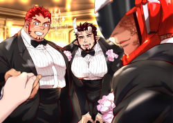 Rule 34 | 1other, 3boys, akashi (live a hero), alternate costume, bara, beard, black bow, black bowtie, black hair, blush, bow, bowtie, broken horn, bursting pectorals, demon boy, demon horns, facial hair, foreshortening, formal, grin, highres, holding hands, horns, kizami nori to yamaimo, large pectorals, leaning forward, live a hero, long sideburns, looking at viewer, male focus, mature male, multiple boys, muscular, muscular male, nessen (live a hero), pectorals, pov, scar, scar on face, scar on nose, short hair, sideburns, smile, take your pick, veins, victom (live a hero)