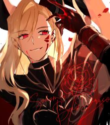 Rule 34 | 1girl, armor, black armor, black horns, blonde hair, blood, blood on face, blood on hands, dragon horns, facial mark, fate/grand order, fate (series), flower, gloves, highres, horns, long hair, looking to the side, mashugure, nero claudius (fate), nero claudius (fate) (all), petals, pointy ears, queen draco (fate), queen draco (third ascension) (fate), red eyes, rose, rose petals, signature, simple background, smile, solo, upper body, wavy hair, white background