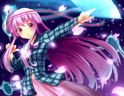 Rule 34 | 1girl, blush, dx (dekusu), expressionless, folding fan, glowing, hand fan, hata no kokoro, holding, holding fan, long hair, long sleeves, looking at viewer, mask, mouth mask, outstretched arm, petals, pink eyes, pink hair, pink skirt, plaid, plaid shirt, shirt, skirt, solo, touhou, very long hair