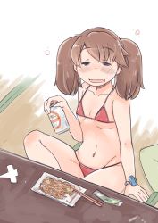 Rule 34 | 1girl, = =, alcohol, beer, beer can, bikini, brown hair, can, chopsticks, closed eyes, commentary request, drink can, drunk, enjaku izuku, flat chest, full body, highres, kantai collection, long hair, red bikini, ryuujou (kancolle), shikigami, sitting, solo, squeans, stable, swimsuit, tatami, twintails, yakisoba