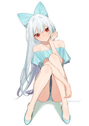 Rule 34 | 1girl, aqua bow, beijuu, bow, closed mouth, earrings, girls&#039; frontline, hair bow, highres, jewelry, long hair, looking at viewer, necklace, off shoulder, red eyes, silver hair, simple background, sitting, smile, solo, star (symbol), star earrings, star necklace, tokarev (girls&#039; frontline), white background