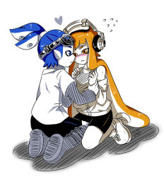 Rule 34 | 1boy, 1girl, arm grab, artist name, black shorts, blue eyes, blue hair, blunt bangs, boots, couple, donut (zoza), flying sweatdrops, full body, goggles, goggles on head, hair slicked back, headphones, heart, hetero, hood, hoodie, inkling, inkling boy, inkling girl, inkling player character, kneeling, layered clothes, layered sleeves, long hair, long sleeves, looking at another, nintendo, orange eyes, orange hair, partially colored, pointy ears, pudding (zoza), scrunchie, shirt, shoes, short hair, short over long sleeves, short sleeves, shorts, signature, single vertical stripe, smile, splatoon (series), splatoon 1, t-shirt, tank top, tentacle hair, topknot, white background, zoza