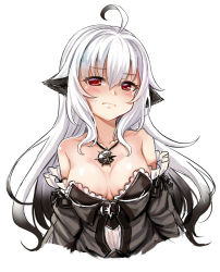 Rule 34 | 1girl, ahoge, animal ears, bare shoulders, black hair, blush, breasts, cleavage, closed mouth, collarbone, commentary, covered navel, crescent, crescent necklace, cropped torso, detached sleeves, frilled sleeves, frills, gradient hair, hair between eyes, head tilt, jewelry, long hair, long sleeves, medium breasts, multicolored hair, necklace, original, pendant, red eyes, silver hair, simple background, solo, strapless, symbol-only commentary, unname, upper body, white background