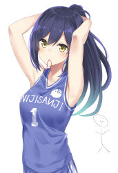 Rule 34 | 1girl, absurdres, armpits, arms behind head, arms up, bare arms, bare shoulders, blue hair, blue shirt, breasts, closed mouth, clothes writing, collarbone, copyright name, hair tie in mouth, highres, jersey, long hair, looking at viewer, medium breasts, mouth hold, nijisanji, ponytail, shirt, shizuka rin, sleeveless, sleeveless shirt, solo, takehana note, tying hair, upper body, virtual youtuber, white background, yellow eyes