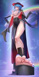 Rule 34 | 1girl, absurdres, alternate costume, belt, black belt, black jacket, black skirt, blue hair, blue nails, blurry, blurry background, breasts, dorsiflexion, feet, foot focus, foreshortening, hair over shoulder, highres, hololive, hoshimachi suisei, hoshimachi suisei (8th costume), jacket, jacket on shoulders, jagoo, legs, long hair, looking at viewer, nail polish, no shirt, outdoors, parted bangs, parted lips, platform footwear, rainbow, sandals, shiny skin, side slit, skirt, small breasts, solo, thighs, toenail polish, toenails, toes, virtual youtuber