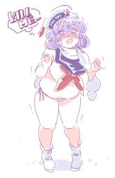 Rule 34 | 1girl, blush, breasts, cosplay, english text, fat, female focus, full body, ghostbusters, large breasts, letty whiterock, md5 mismatch, mitsumoto jouji, open mouth, solo, standing, stay puft, stay puft (cosplay), tears, touhou, trembling