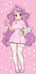 Rule 34 | 1girl, contrapposto, digital thermometer, hand up, hat, heart, holding, long hair, looking at viewer, nijitama shiyushiyu, nurse, original, pantyhose, pill, pink footwear, pink hat, pointy ears, purple eyes, purple hair, shoes, smile, solo, standing, swept bangs, thermometer, thighs, very long hair, white pantyhose, wide hips