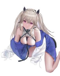 Rule 34 | 1girl, all fours, anchorage (azur lane), azur lane, bare shoulders, breasts, cleavage, feet out of frame, fuying sanbing, hair between eyes, jacket, large breasts, long hair, looking at viewer, neckwear between breasts, off shoulder, purple eyes, purple jacket, simple background, solo, twintails, white background