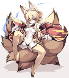Rule 34 | 1girl, animal ear fluff, animal ears, black panties, breasts, brown thighhighs, covered erect nipples, dated, detached sleeves, disgaea, eyebrows, facial mark, fox ears, furry, furry female, highres, karukan (monjya), kitsune, kyuubi, light brown hair, multiple tails, navel, nine-tailed fox (disgaea), panties, pink eyes, red eyes, revealing clothes, sitting, slit pupils, small breasts, solo, tail, thighhighs, underwear