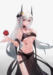 Rule 34 | 1girl, apple, arknights, bare shoulders, bikini, black bikini, black choker, breasts, choker, cleavage, cowboy shot, flower, food, fruit, gradient background, grey background, hair flower, hair ornament, hand on own chest, highres, horns, jewelry, large breasts, lipstick, long hair, looking at viewer, makeup, material growth, miyazaki-san (mmyyzk), mudrock (arknights), mudrock (silent night) (arknights), navel, necklace, off-shoulder shirt, off shoulder, official alternate costume, oripathy lesion (arknights), parted lips, red eyes, red flower, sarong, see-through, shirt, silver hair, solo, stomach, swimsuit, tossing, underboob, very long hair, yellow flower