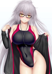 Rule 34 | 1girl, anger vein, bad id, bad pixiv id, bespectacled, black-framed eyewear, black jacket, black one-piece swimsuit, blush, breasts, collarbone, commentary request, competition swimsuit, cosplay, covered navel, cowboy shot, fate/grand order, fate (series), glasses, head tilt, highleg, highleg swimsuit, highres, jacket, jeanne d&#039;arc alter (swimsuit berserker) (fate), jeanne d&#039;arc (fate), jeanne d&#039;arc (swimsuit archer) (fate), jeanne d&#039;arc (swimsuit archer) (fate) (cosplay), jeanne d&#039;arc (swimsuit archer) (second ascension) (fate), jeanne d&#039;arc alter (fate), large breasts, long hair, looking at viewer, one-piece swimsuit, removing jacket, silver hair, solo, swimsuit, track jacket, very long hair, whistle, whistle around neck, yellow eyes