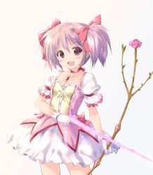Rule 34 | 1girl, bow (weapon), bubble skirt, choker, commentary request, contrapposto, cowboy shot, flower, gloves, grey background, highres, kaname madoka, komatsu eiji, looking at viewer, magical girl, mahou shoujo madoka magica, mahou shoujo madoka magica (anime), open mouth, pink eyes, pink hair, rose, school uniform, short twintails, simple background, skirt, smile, solo, standing, twintails, weapon, white gloves