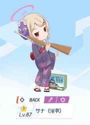 Rule 34 | 1girl, animal print, apron, bandaged wrist, bandages, blonde hair, blue archive, box, cardboard box, closed mouth, commentary request, fake screenshot, fang, full body, gameplay mechanics, gun, hair ornament, halo, highres, holding, holding gun, holding weapon, japanese clothes, kimono, long sleeves, looking at viewer, mask, mask on head, natori sana, parody, pink halo, print kimono, purple kimono, rabbit hair ornament, rabbit print, red eyes, red sash, rifle, sana channel, sandals, sash, shield, skin fang, smile, solo, standing, star (symbol), sword, tkmrrr9, translation request, user interface, virtual youtuber, weapon, wide sleeves, yukata, zouri