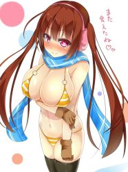Rule 34 | 1girl, bikini, black thighhighs, blush, breasts, brown hair, earmuffs, female focus, gloves, heart, heart-shaped pupils, highres, huge breasts, long hair, looking at viewer, navel, original, red eyes, scarf, smile, solo, striped bikini, striped clothes, swimsuit, symbol-shaped pupils, thighhighs, twintails, very long hair, yahiro (anhnw), yellow bikini