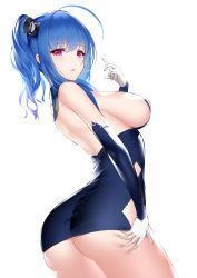 Rule 34 | 1girl, absurdres, ahoge, an yasuri, arched back, ass, azur lane, back, bad id, bad pixiv id, bare back, bare shoulders, blue dress, blue hair, blush, breasts, cowboy shot, curvy, dress, elbow gloves, from side, gloves, hair ornament, hand up, highres, large breasts, long hair, looking at viewer, looking to the side, parted lips, pink eyes, ponytail, saliva, saliva trail, short dress, sideboob, sidelocks, simple background, skin tight, skindentation, sleeveless, sleeveless dress, solo, st. louis (azur lane), thighs, white background