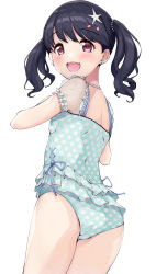 Rule 34 | 1girl, :d, ass, black hair, blush, casual one-piece swimsuit, commentary request, earrings, fang, frilled swimsuit, frills, fukumaru koito, green one-piece swimsuit, highres, idolmaster, idolmaster shiny colors, jewelry, kuroba aki, looking at viewer, looking back, one-piece swimsuit, open mouth, polka dot, polka dot swimsuit, puffy short sleeves, puffy sleeves, red eyes, see-through, see-through sleeves, short sleeves, simple background, smile, solo, starfish, stud earrings, swimsuit, twintails, white background