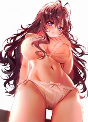Rule 34 | 1girl, antenna hair, baocaizi, bow, bow bra, bow panties, bra, breasts, brown hair, cleavage, closed mouth, cowboy shot, foreshortening, from below, gluteal fold, highres, ichinose shiki, idolmaster, idolmaster cinderella girls, large breasts, long hair, messy hair, navel, panties, pink bra, pink panties, purple eyes, side-tie panties, simple background, solo, standing, thigh gap, thighs, underwear, white background