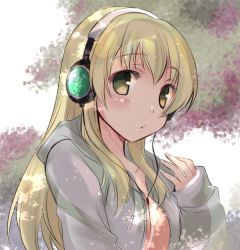 Rule 34 | 10s, 1girl, abenattou, bad id, bad pixiv id, blonde hair, blush, brown eyes, carpaccio (girls und panzer), casual, girls und panzer, headphones, hood, hoodie, long hair, looking at viewer, parted lips, solo, upper body