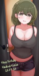 Rule 34 | 1girl, absurdres, arm behind back, black camisole, black shorts, blush, breasts, camisole, character name, cleavage, collarbone, crop top, dated, dolphin shorts, door, gbr20210907, green eyes, green hair, happy birthday, highres, idolmaster, idolmaster shiny colors, large breasts, looking at viewer, midriff, nanakusa nichika, short hair, short shorts, shorts, solo