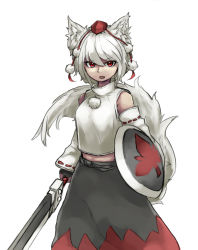 Rule 34 | 1girl, absurdres, animal ears, black skirt, crop top, crop top overhang, detached sleeves, fang, highres, inubashiri momiji, long sleeves, matinmorgen, midriff, red eyes, shield, shirt, simple background, skirt, sleeveless, sleeveless shirt, solo, sword, tail, touhou, weapon, white hair, white shirt, wolf ears, wolf tail