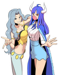 Rule 34 | 2girls, absurdres, ahoge, blue pants, blue ribbon, blue shirt, breasts, camisole, cleavage, coat, collarbone, creatures (company), crossover, curled horns, fur-trimmed coat, fur trim, game freak, hand in own hair, highres, horns, karen (pokemon), large breasts, long hair, looking at viewer, mask, mouth mask, multicolored hair, multiple girls, nintendo, one piece, pants, pokemon, pokemon hgss, ribbon, shirt, skirt, ulti (one piece), vmfhaldnjfem, white background, white shirt, yellow camisole